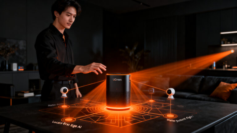 Ugreen HomeAgent, un hub NAS con IA local para el ecosistema smart home, representando la convergencia tecnológica en el hogar inteligente.