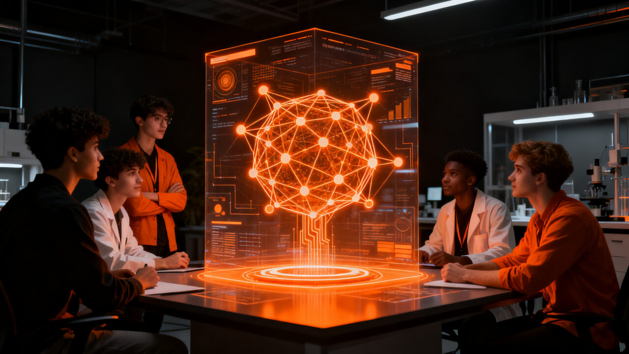 Investigadores y emprendedores en el laboratorio NEST.Lab de la USFQ trabajando en proyectos de inteligencia artificial.