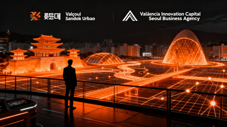 Representación visual de la expansión internacional de startups coreanas conectando con el ecosistema de innovación de València a través de un sandbox urbano.