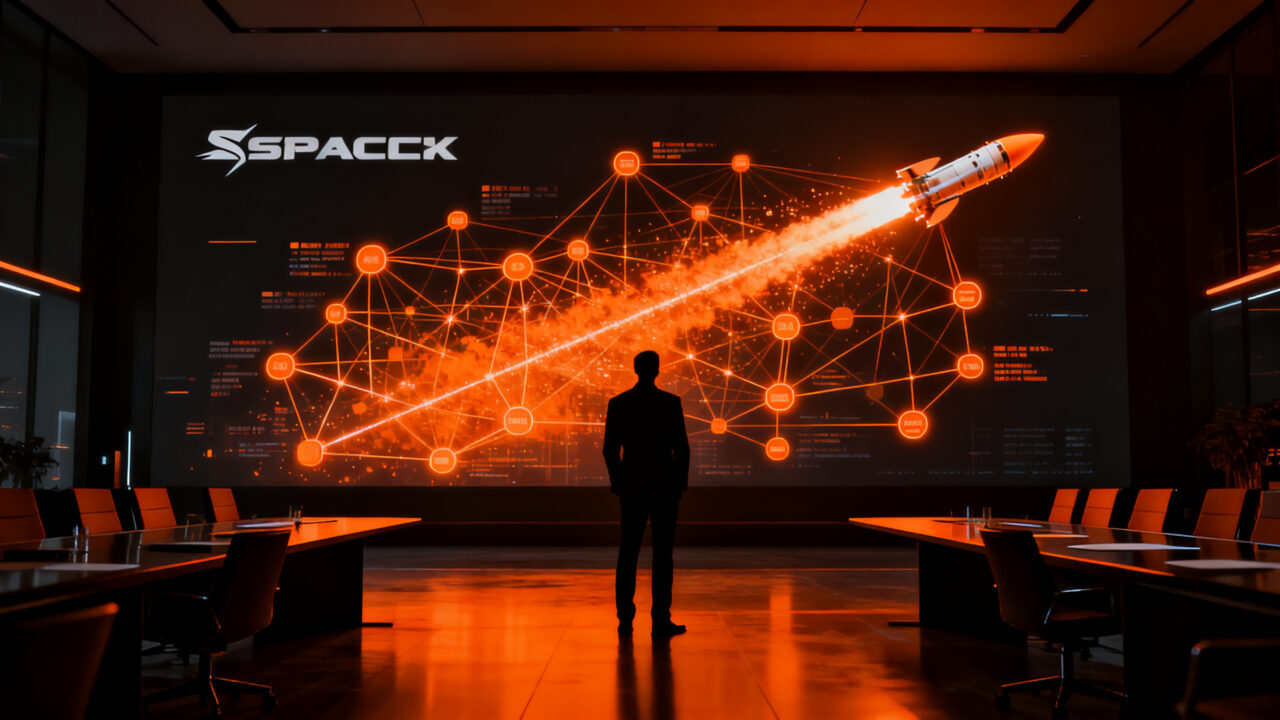 Inversor de venture capital analizando una red de conexiones financieras globales, representando la distribución de activos de SpaceX.