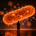 Investigadora biotecnológica analizando estructura molecular de vacuna contra resistencia antimicrobiana, representando la inversión Serie A de Vaxdyn.