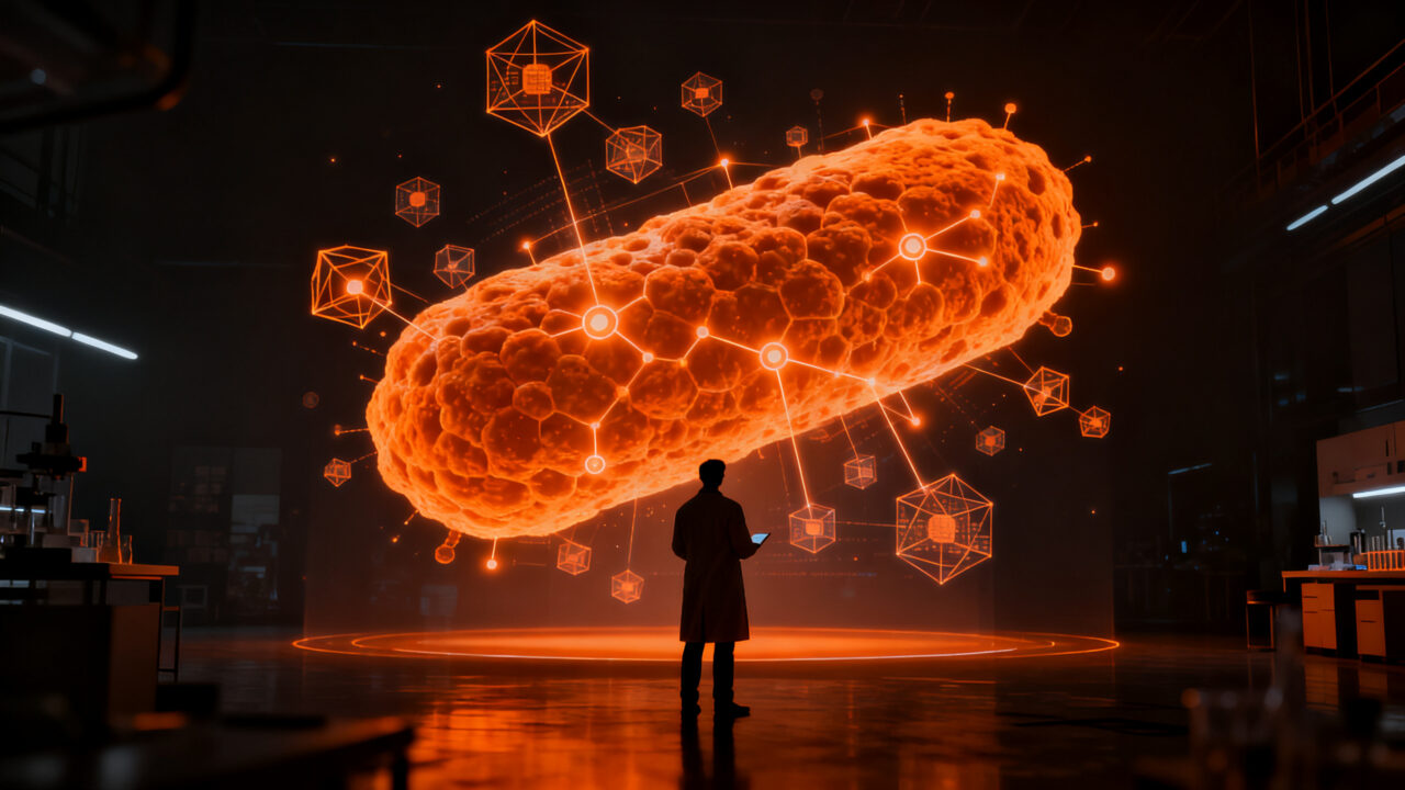 Investigadora biotecnológica analizando estructura molecular de vacuna contra resistencia antimicrobiana, representando la inversión Serie A de Vaxdyn.