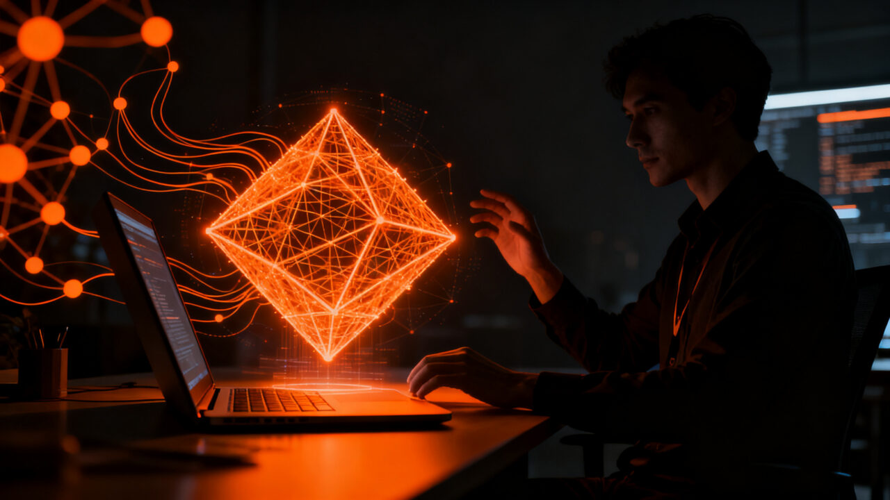 Desarrollador visualizando archivos Blender en el navegador mediante herramientas de IA y vibe coding.