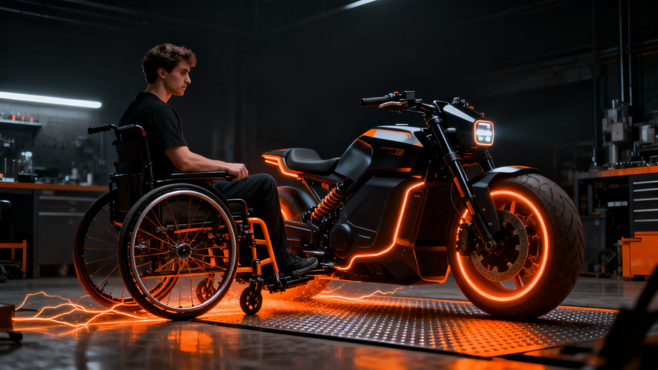 Emprendedor en silla de ruedas utilizando la moto eléctrica de VOAR Fold, representando la movilidad accesible y la innovación tecnológica desde Vigo.