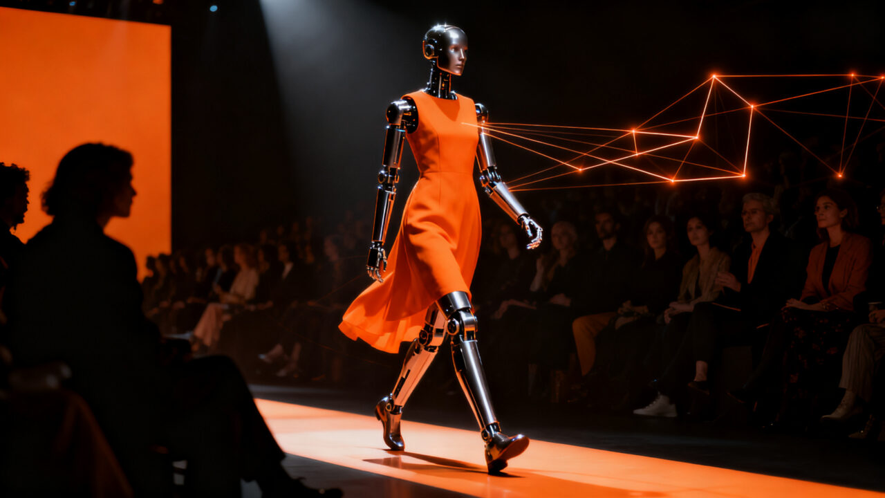 Robots humanoides caminando en una pasarela de moda de alta costura, representando la tendencia de fashion tech en Vogue World.