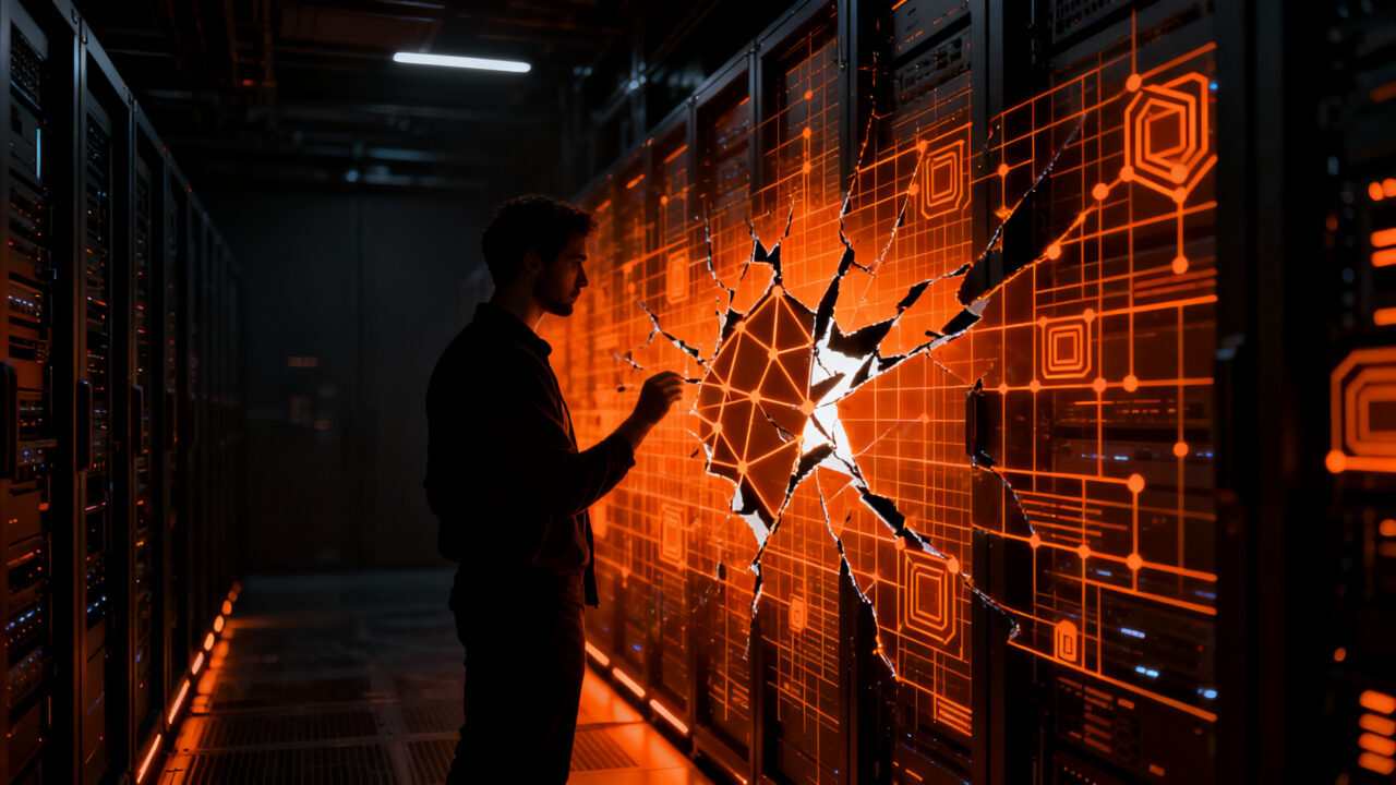 Ingeniero analizando vulnerabilidades en infraestructura descentralizada y repositorios de código seguro.