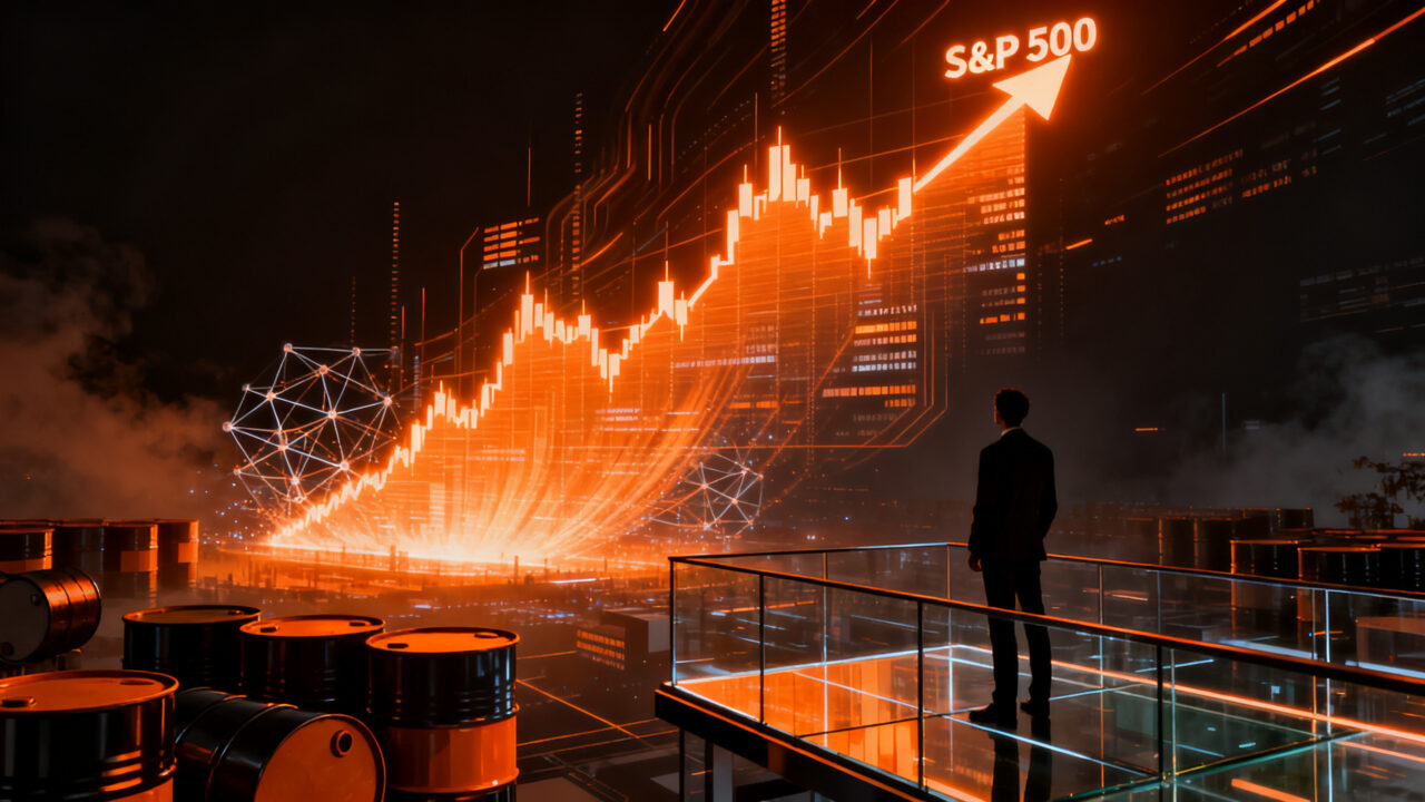 Gráfico financiero de Wall Street y crecimiento tecnológico de Meta con influencia de mercados globales y petróleo.