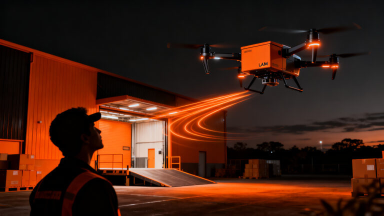 Dron de entrega de Walmart Chile sobrevolando un paisaje urbano, representando la innovación en logística de última milla y retail.