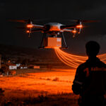 Dron de reparto de la startup Osiris Experience sobrevolando un entorno rural en Biobío para Walmart Chile, representando la innovación en logística de última milla.
