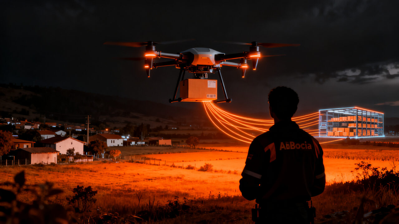 Dron de reparto de la startup Osiris Experience sobrevolando un entorno rural en Biobío para Walmart Chile, representando la innovación en logística de última milla.