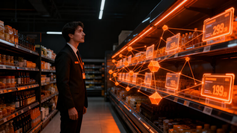 Retailer analizando etiquetas digitales en una tienda moderna, representando la transparencia en precios y tecnología retail.