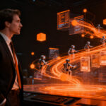 Líder empresarial supervisando una red de agentes de IA en el futuro del comercio agéntico y la transformación digital de marketplaces.