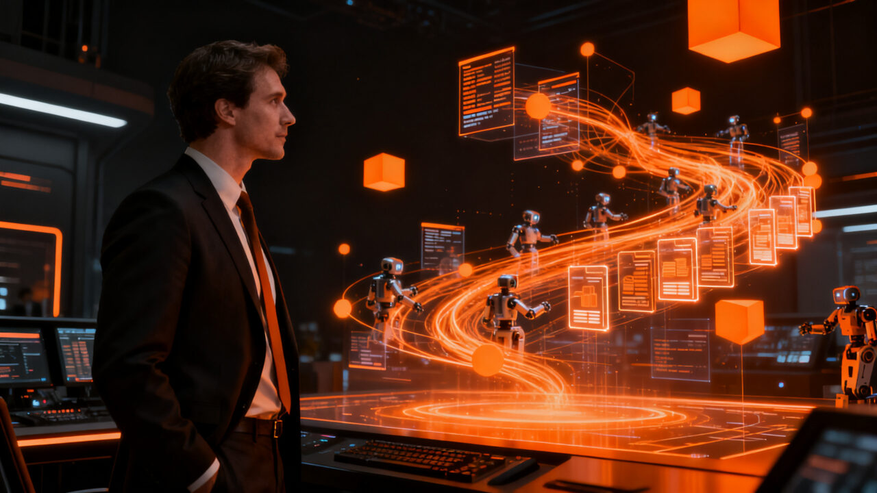 Líder empresarial supervisando una red de agentes de IA en el futuro del comercio agéntico y la transformación digital de marketplaces.