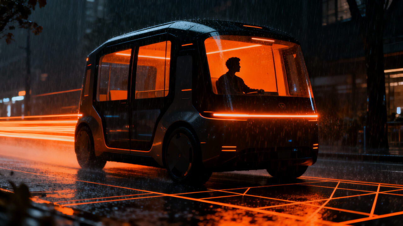 Flota de robotaxis autónomos Waymo navegando por una ciudad moderna, representando la expansión del mercado de vehículos autónomos en Texas y California.