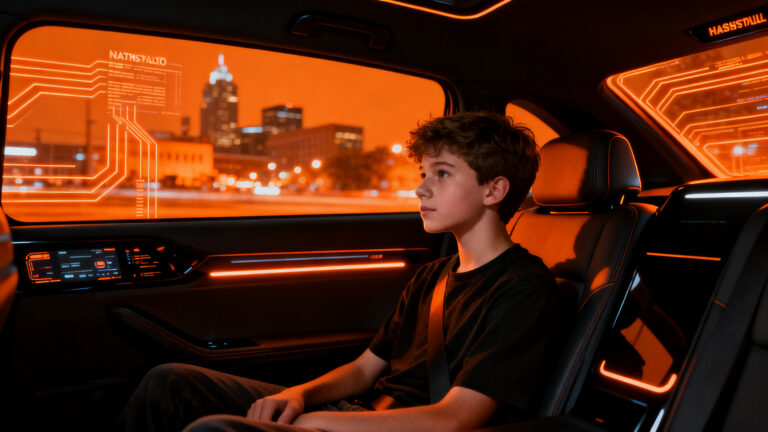 Adolescente sentado en el asiento trasero de un robotaxi Waymo autónomo, representando la nueva movilidad autónoma para jóvenes en Nashville.