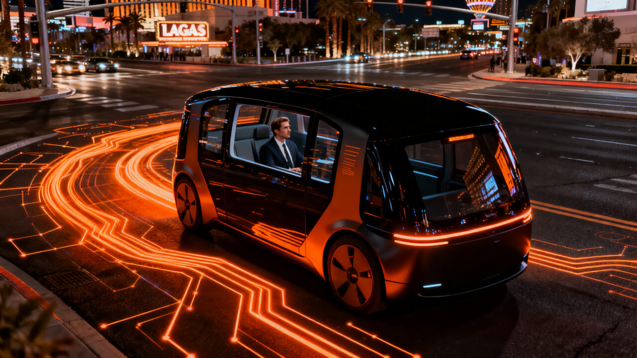 Robotaxi de Waymo operando en las calles de Las Vegas, representando el futuro de la movilidad autónoma y la competencia en el mercado.