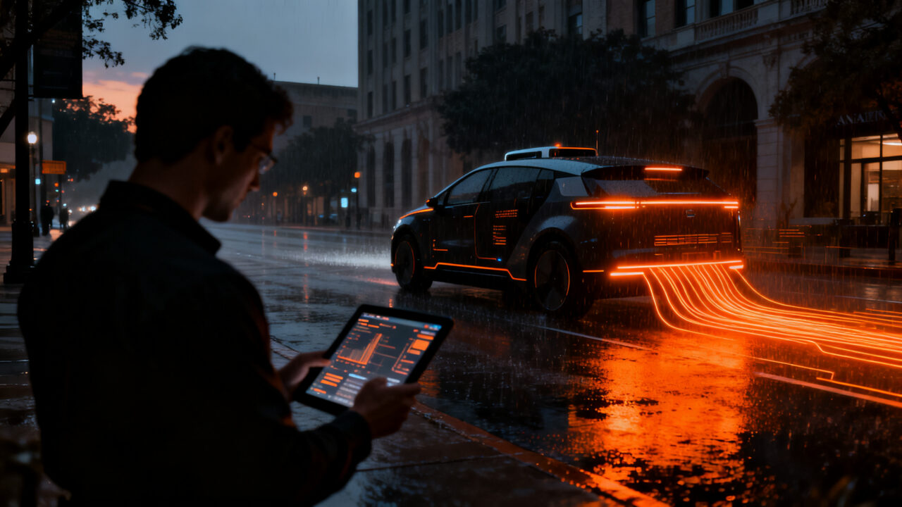 Robotaxi de Waymo circulando por una calle de San Antonio, representando la resiliencia tecnológica tras una crisis.