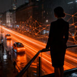 Ejecutiva financiera liderando el despliegue de robotaxis autónomos en un entorno urbano futurista de Londres.