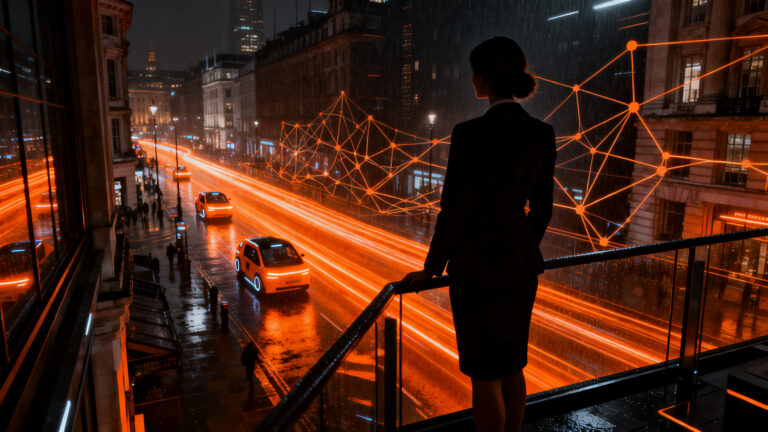 Ejecutiva financiera liderando el despliegue de robotaxis autónomos en un entorno urbano futurista de Londres.