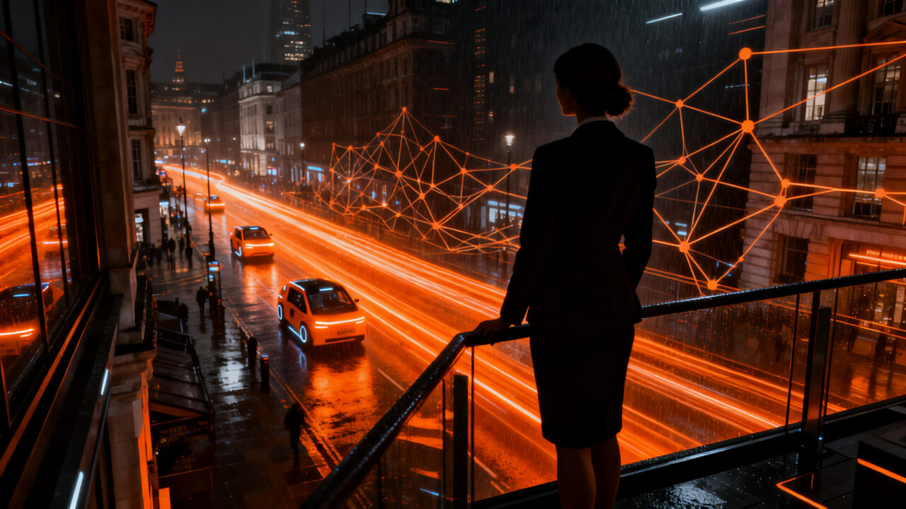 Ejecutiva financiera liderando el despliegue de robotaxis autónomos en un entorno urbano futurista de Londres.