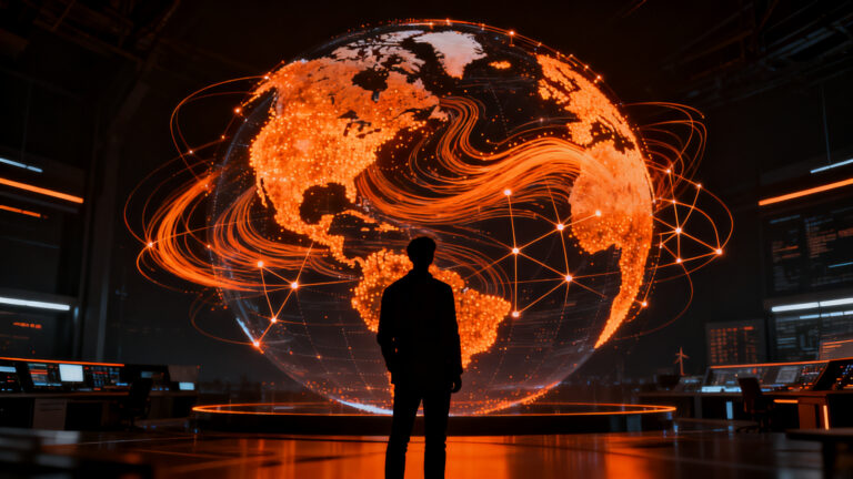 Visualización de datos meteorológicos y satelitales procesados por inteligencia artificial, representando el avance de WeatherNext 3 de Google DeepMind.