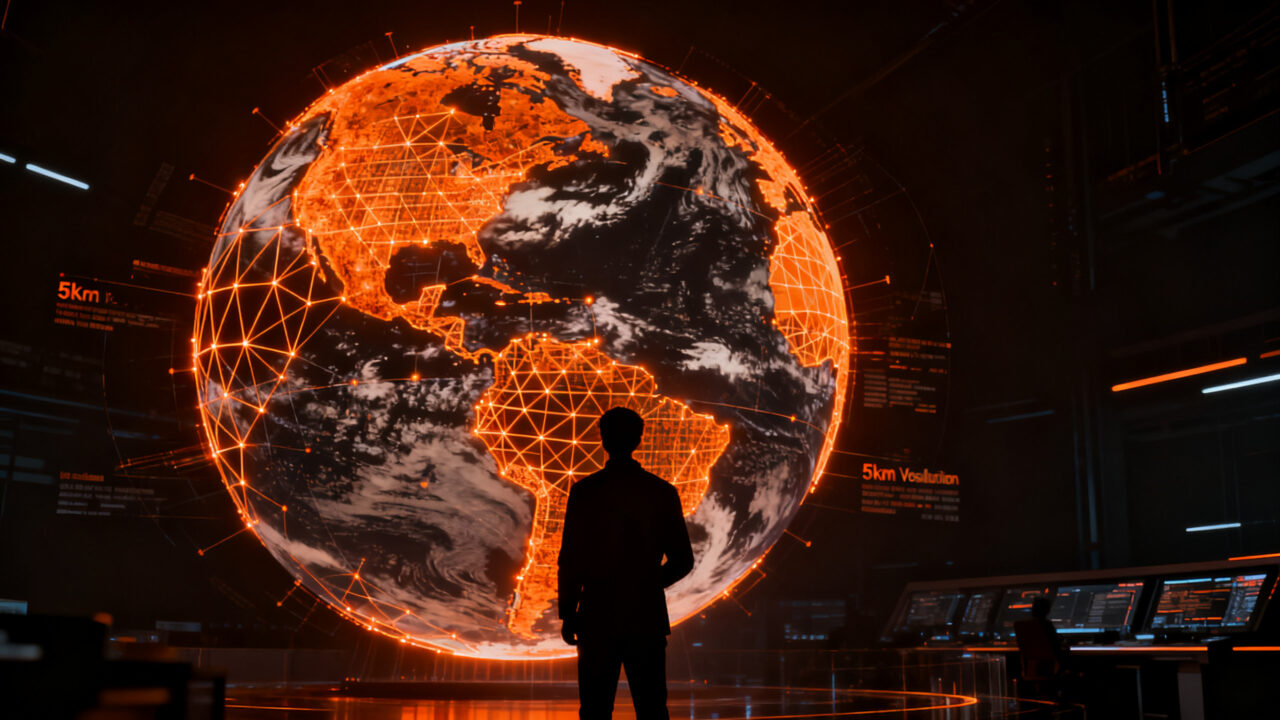 Representación visual de la IA WeatherNext 3 de Google DeepMind analizando datos climáticos globales para predicciones meteorológicas precisas.