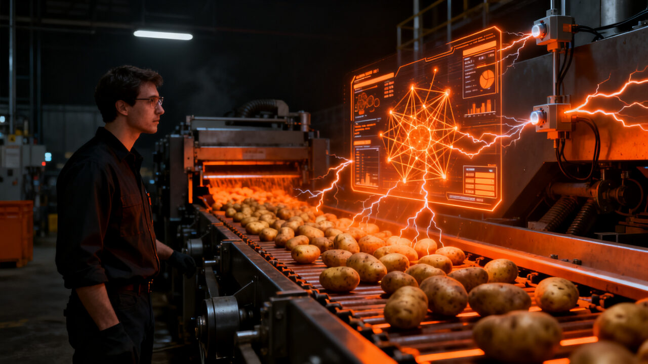 Sistema de inteligencia artificial analizando procesamiento industrial de papa con tecnología PEF en tiempo real.