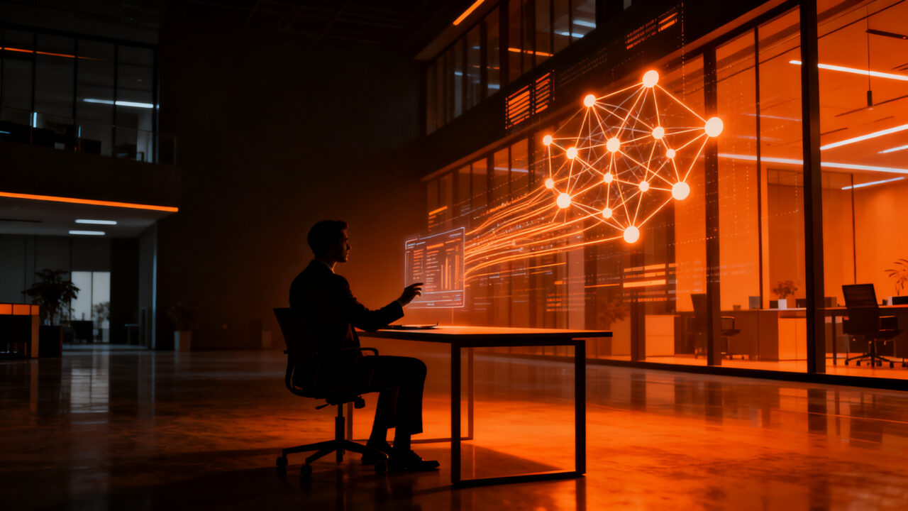 Profesional en entorno de trabajo híbrido integrado con inteligencia artificial para la productividad.