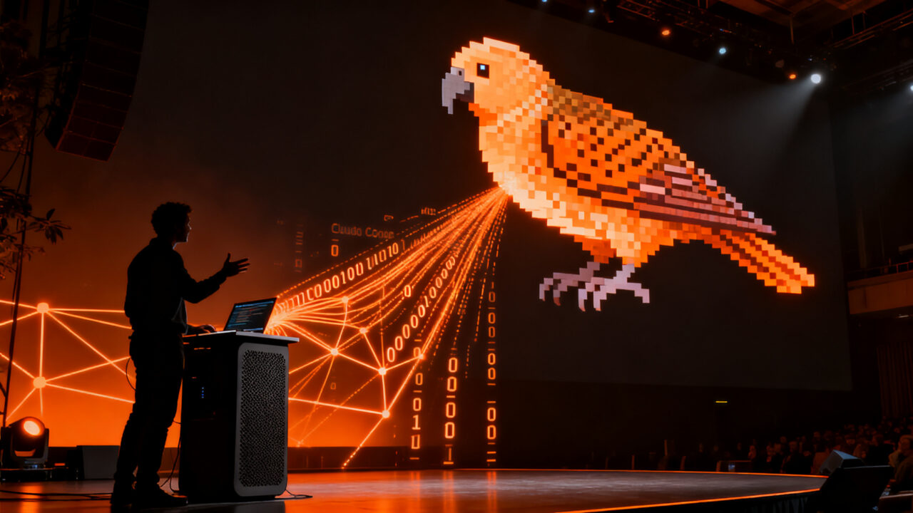 Simon Willison presentando una animación de kākāpō generada con Claude Opus 5.5 en el congreso WeAreDevelopers.