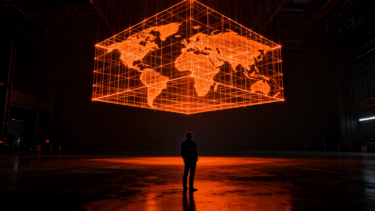 Silueta humana observando una arquitectura de inteligencia espacial compleja, representando el misterio de los world models en IA.