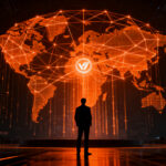 Estratega de marketing analizando flujos de datos globales y cuentas publicitarias masivas en un entorno corporativo de alta tecnología.