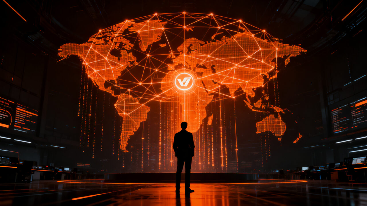 Estratega de marketing analizando flujos de datos globales y cuentas publicitarias masivas en un entorno corporativo de alta tecnología.