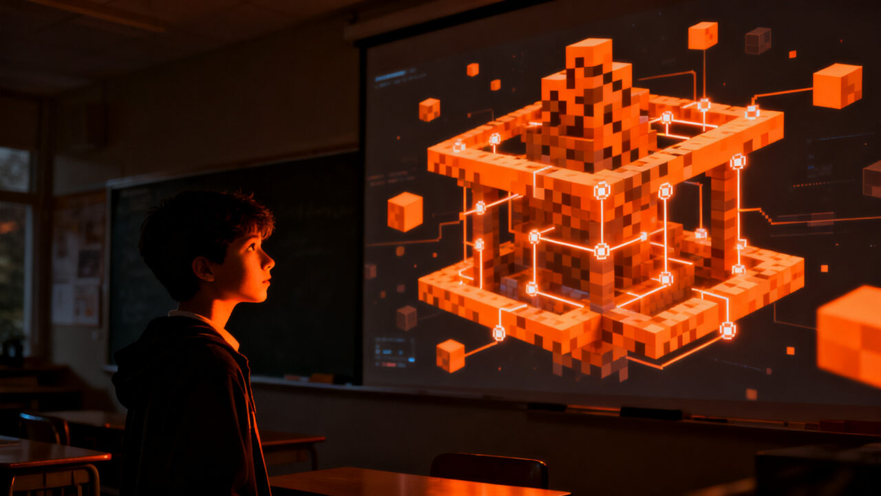 Joven emprendedor utilizando Minecraft Education en un aula para prevenir el bullying y fomentar la empatía escolar.