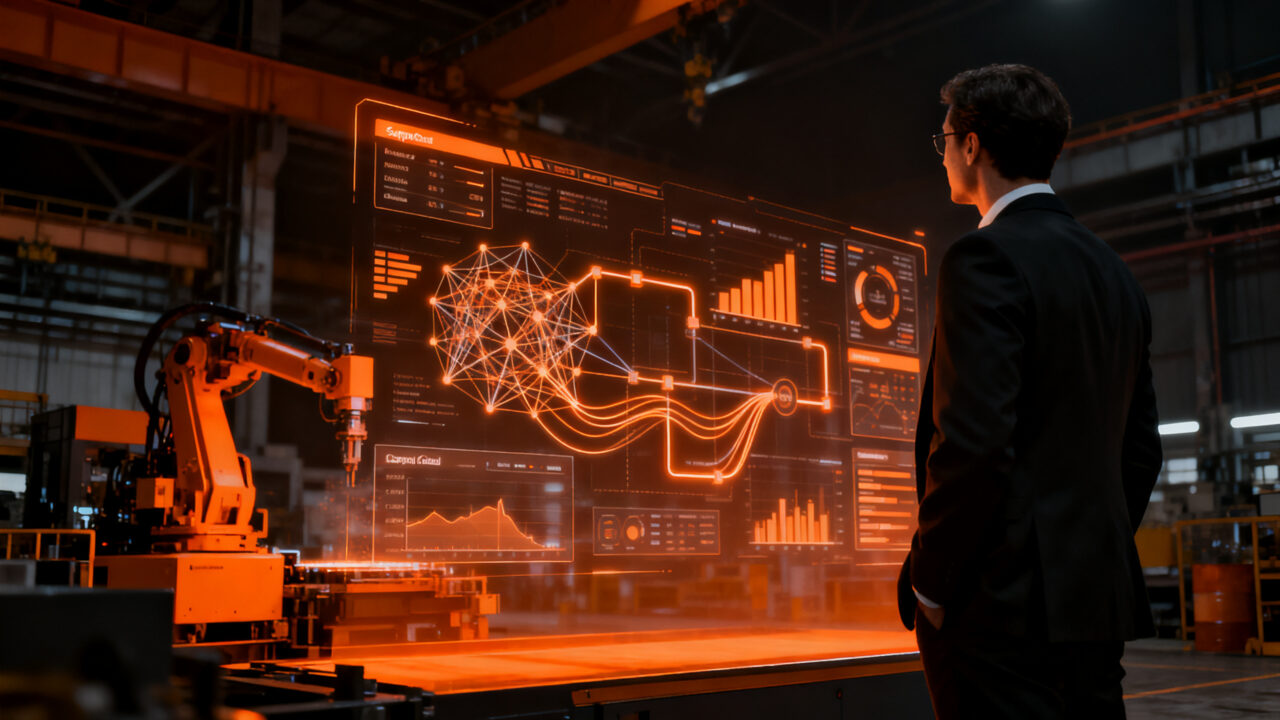 Consultor tecnológico analizando datos de automatización industrial e IA, representando la transición hacia la venta consultiva de valor en el ecosistema B2B.