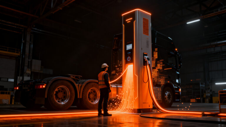 Dispensador de carga de 1.440 kW para camiones eléctricos, representando la infraestructura de electrificación del transporte pesado.