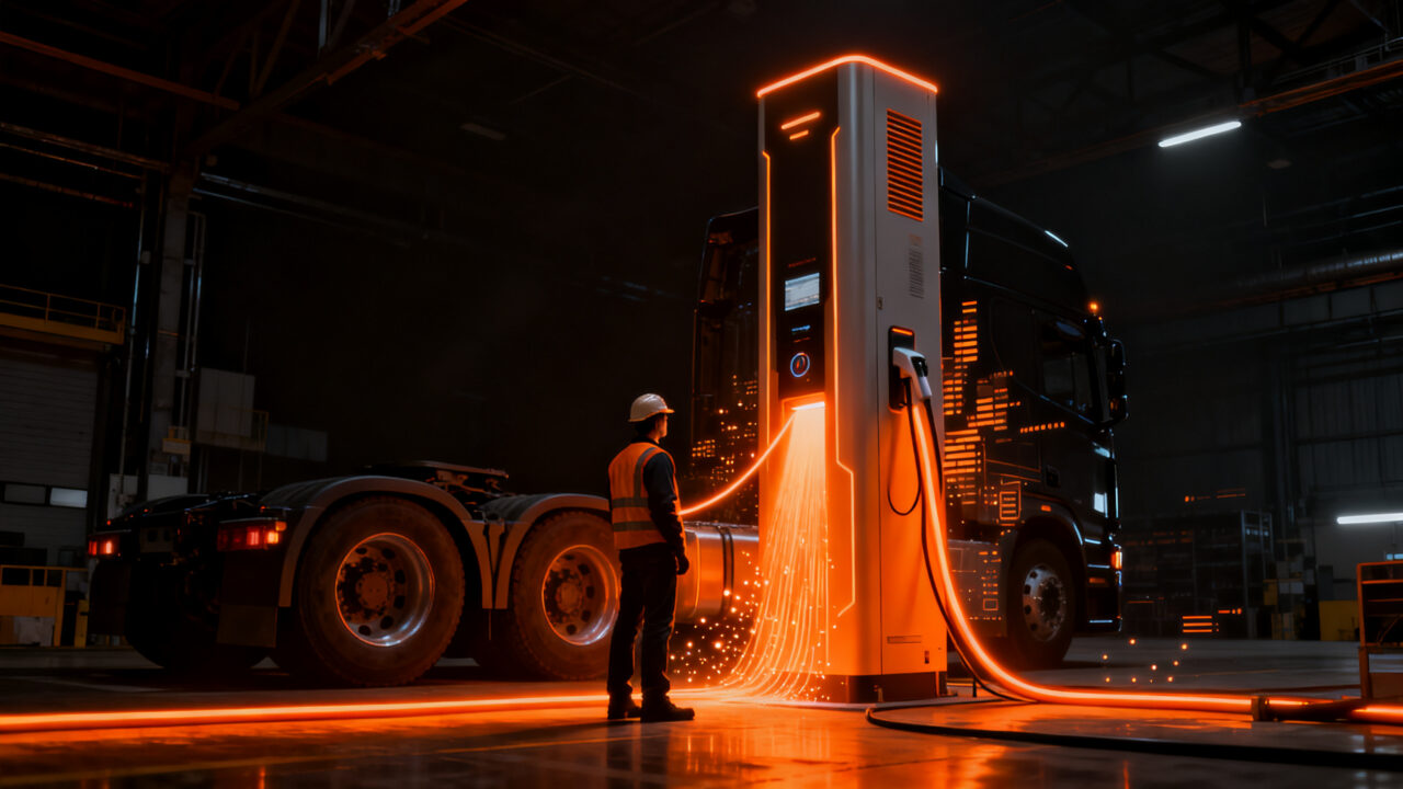 Dispensador de carga de 1.440 kW para camiones eléctricos, representando la infraestructura de electrificación del transporte pesado.
