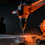 Robot industrial utilizando herramientas en una obra de construcción, representando la automatización con IA de Zinova para resolver la escasez de mano de obra.