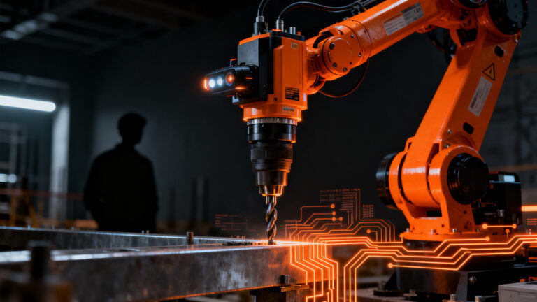 Robot industrial utilizando herramientas en una obra de construcción, representando la automatización con IA de Zinova para resolver la escasez de mano de obra.