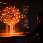 Desarrollador de software interactuando con agentes de IA en la plataforma Zoho Catalyst 3.0 para desarrollo PaaS.