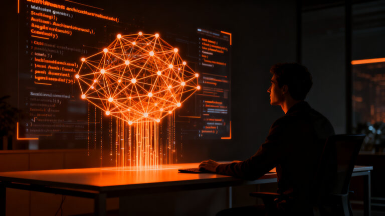 Desarrollador de software interactuando con agentes de IA en la plataforma Zoho Catalyst 3.0 para desarrollo PaaS.
