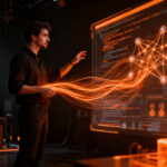 Desarrollador de software colaborando con agentes de inteligencia artificial en la plataforma Zoho Catalyst 3.0 para transformar prototipos en producción.