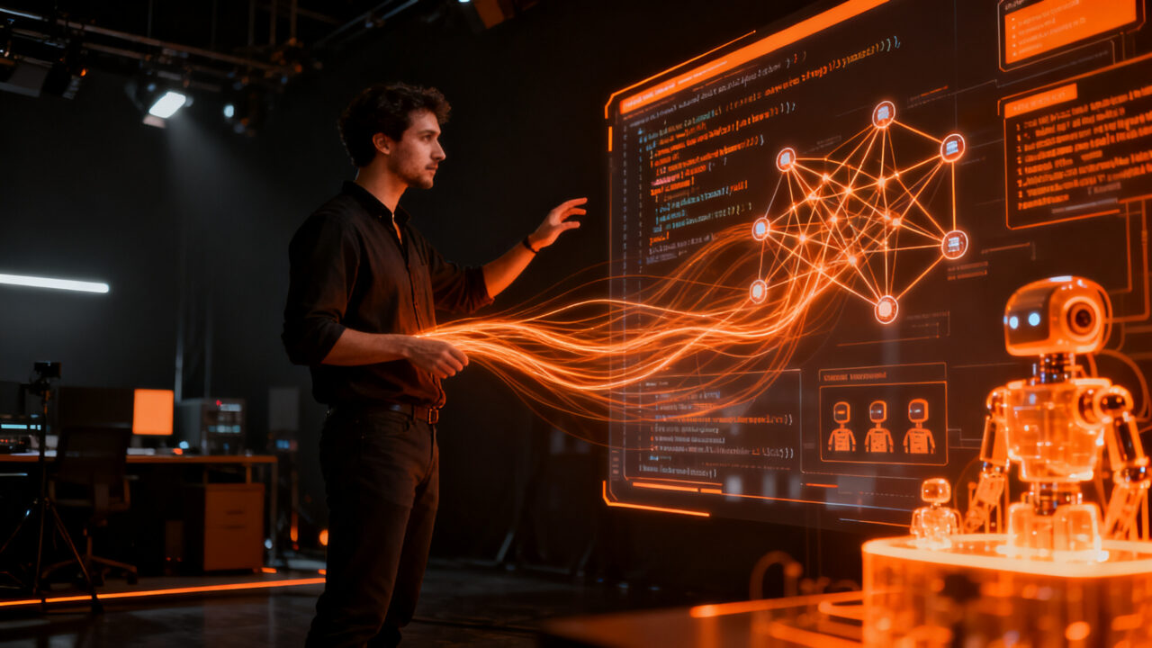 Desarrollador de software colaborando con agentes de inteligencia artificial en la plataforma Zoho Catalyst 3.0 para transformar prototipos en producción.