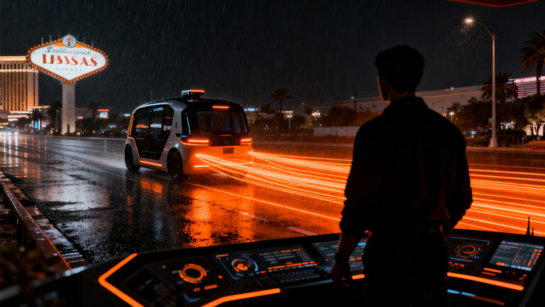 Robotaxi autónomo de Zoox circulando por las calles de Las Vegas, representando la expansión de la movilidad autónoma y la regulación en el mercado tecnológico.