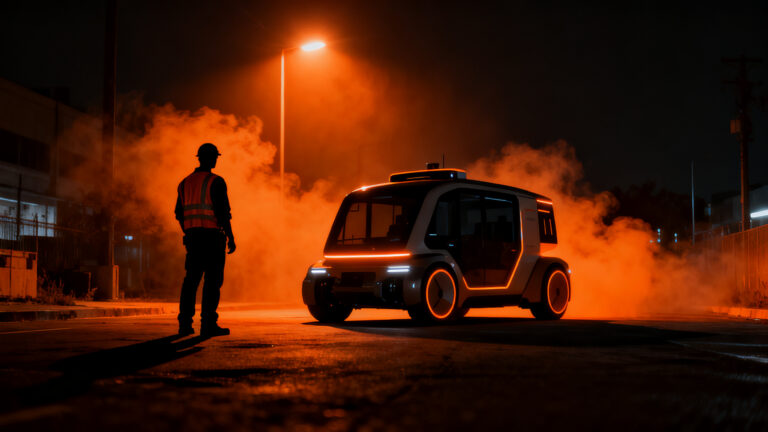 Robotaxi autónomo detenido en una ciudad moderna, representando los desafíos de seguridad laboral y las operaciones en el sector de vehículos autónomos.