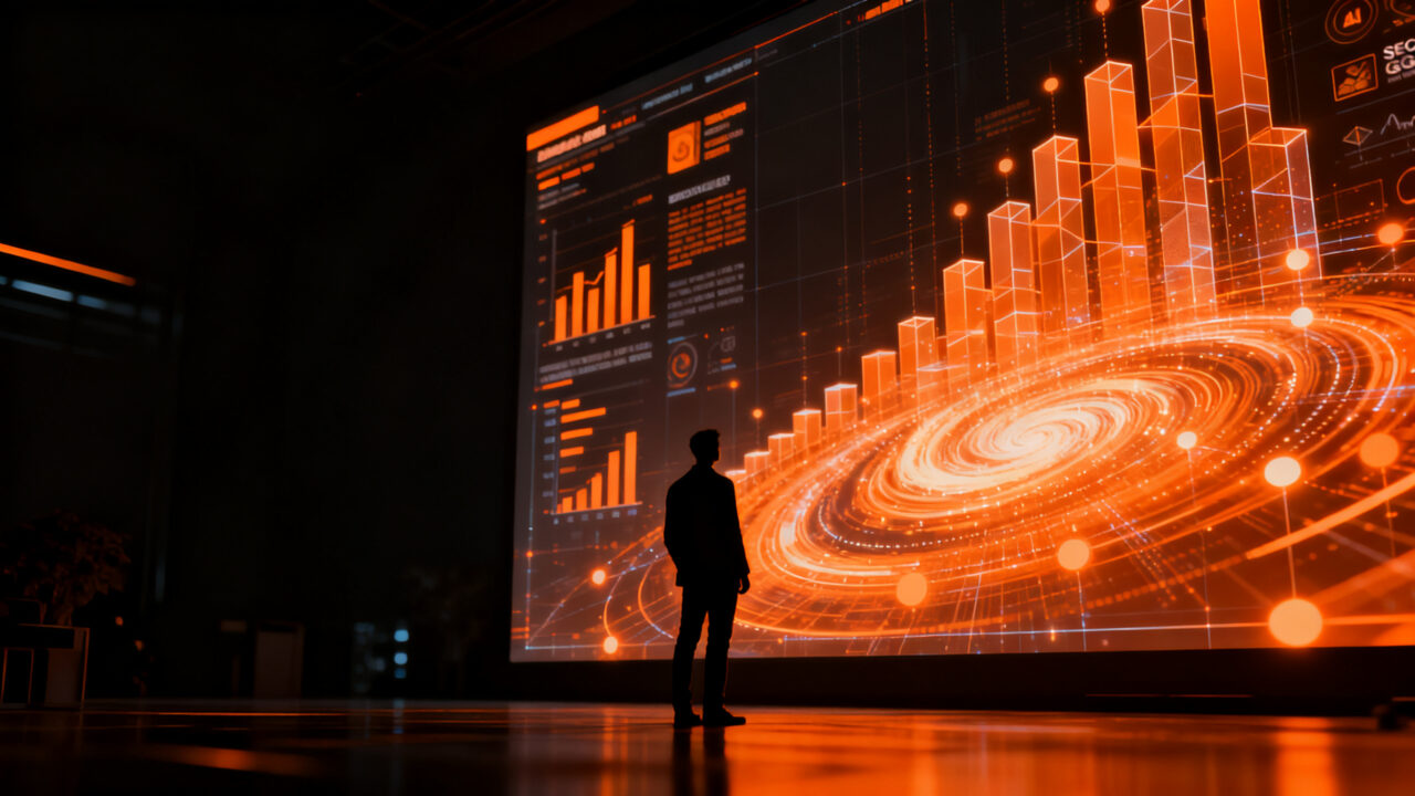 Analista de estrategia digital observando gráficos de métricas de IA y SEO, representando el futuro de la visibilidad en buscadores.
