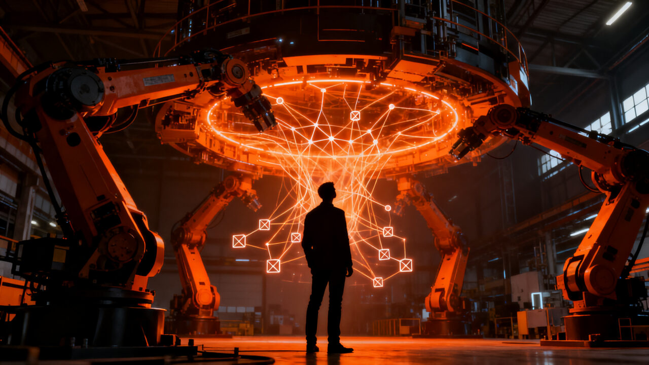 Emprendedor frente a una estructura industrial inteligente, representando la innovación y el premio InnovABB 2026.