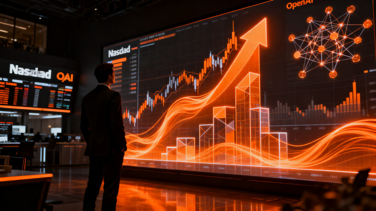 Gráfico financiero ascendente y silueta de analista analizando datos de inteligencia artificial en un entorno de mercado bursátil.