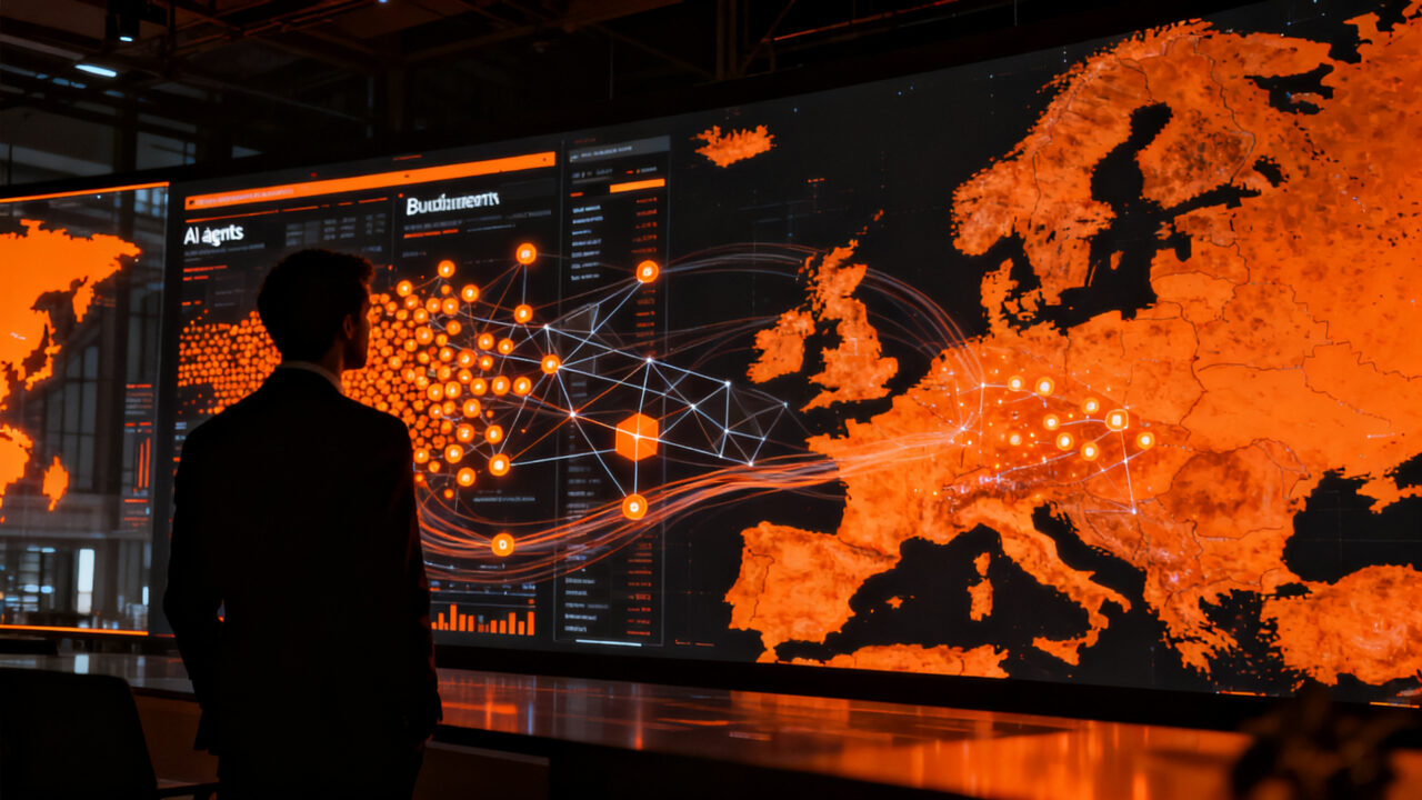 Agentes de IA en empresas europeas, representando la adopción tecnológica y la brecha digital en la UE.