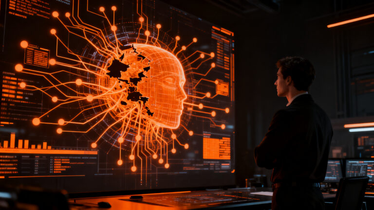Empresario analizando red neuronal compleja representando la adopción y dominio de la inteligencia artificial en empresas mexicanas.