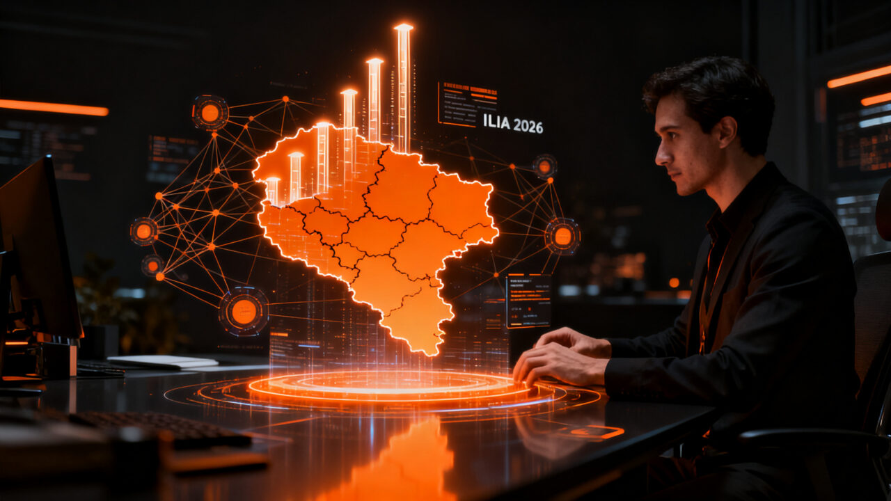 Mapa digital de Colombia con conexiones de inteligencia artificial, representando el crecimiento y adopción tecnológica en el país según el ILIA 2026.